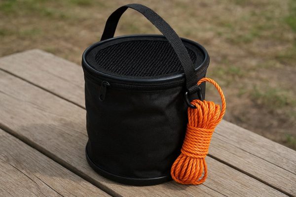 Folding Canvas Fishing Bucket Portable Collapsible Water Pail With Rope Live Bait Tank Mesh Lid Outdoor Camping